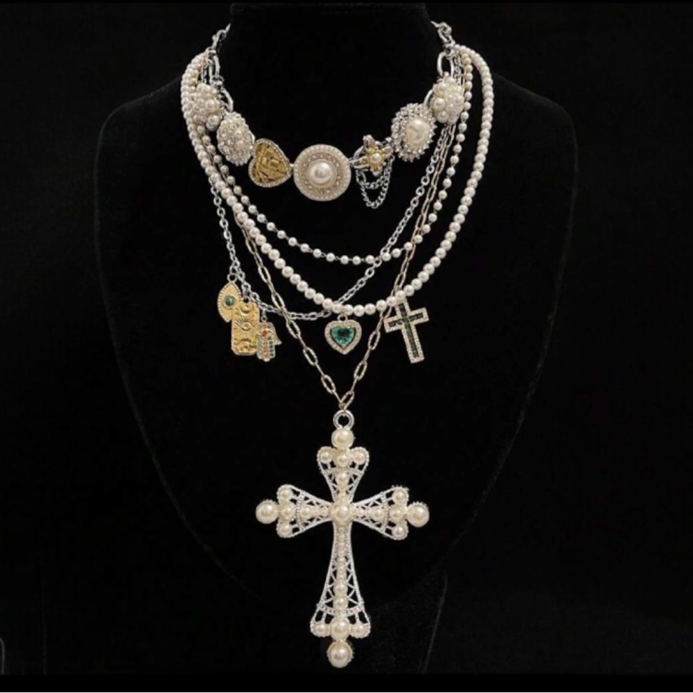 Chic Multi-Layer Silver Necklace with Cross and Heart Charms